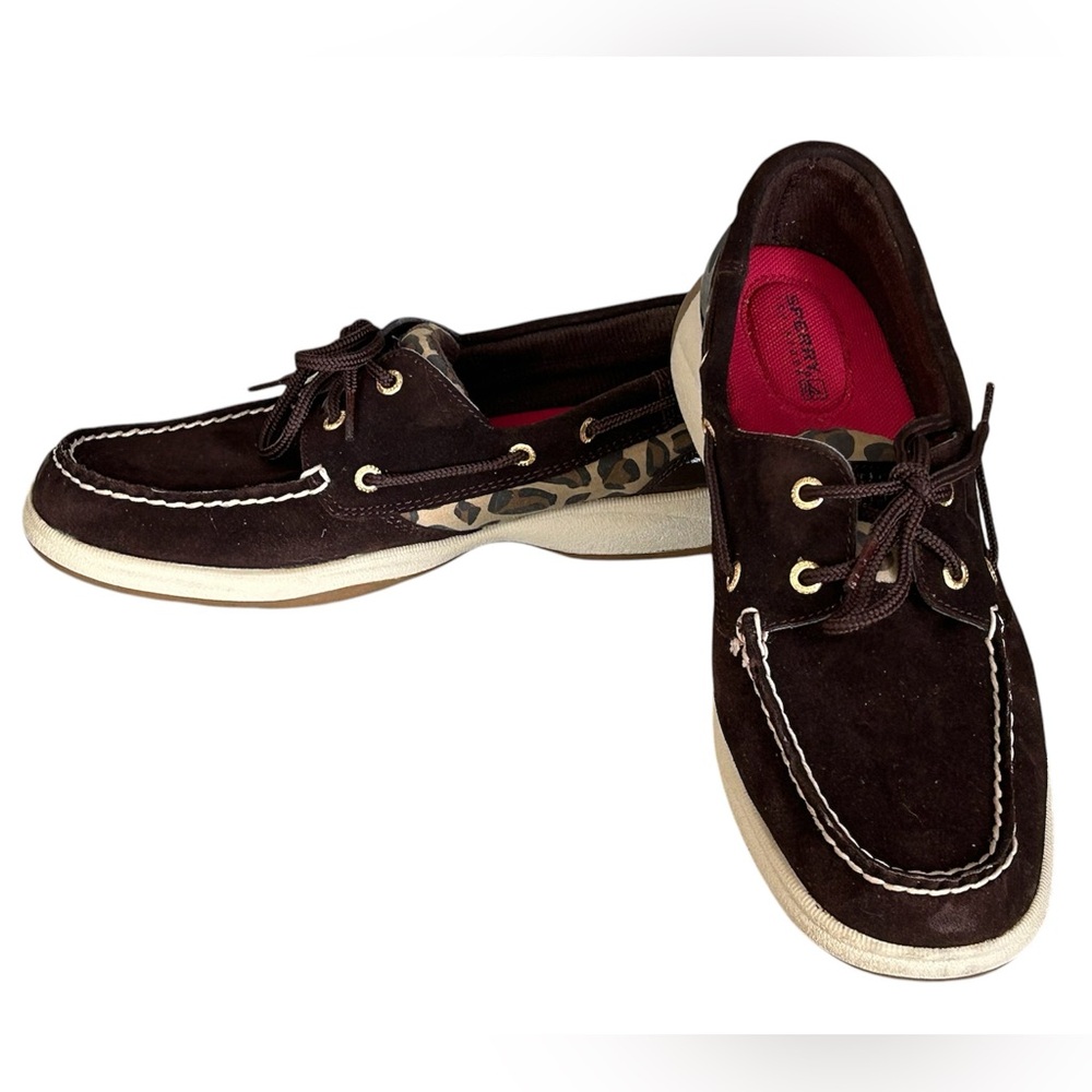 Sperry Brown Suede/Leather Cheetah Top Sider Lace Up Boat Shoes Size 8 - Picture 2 of 10